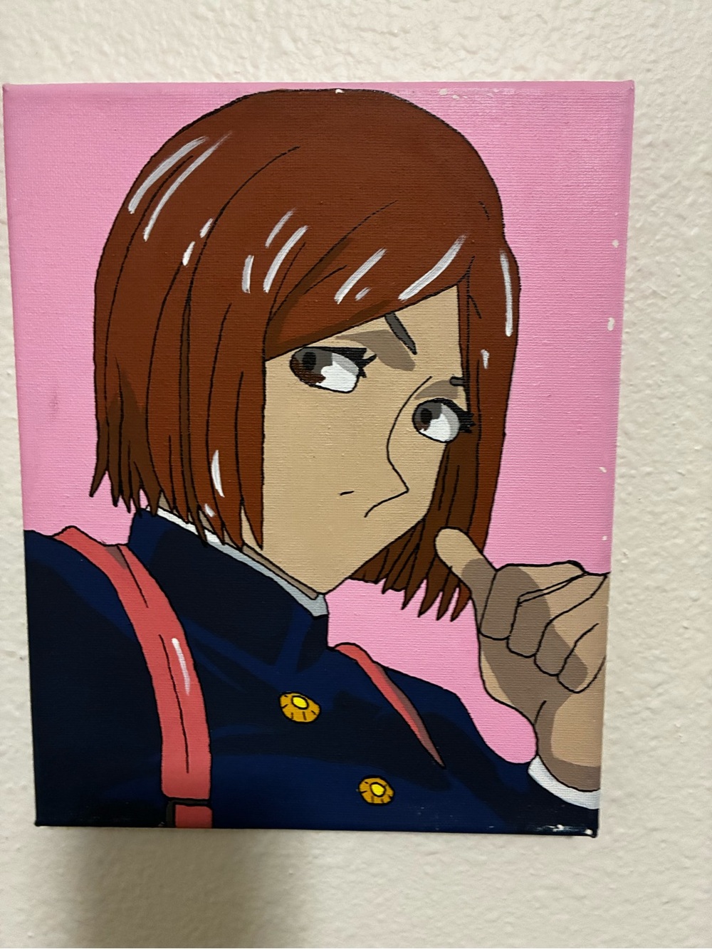 Pink Background Anime-Style Canvas Art with Brown Hair Character